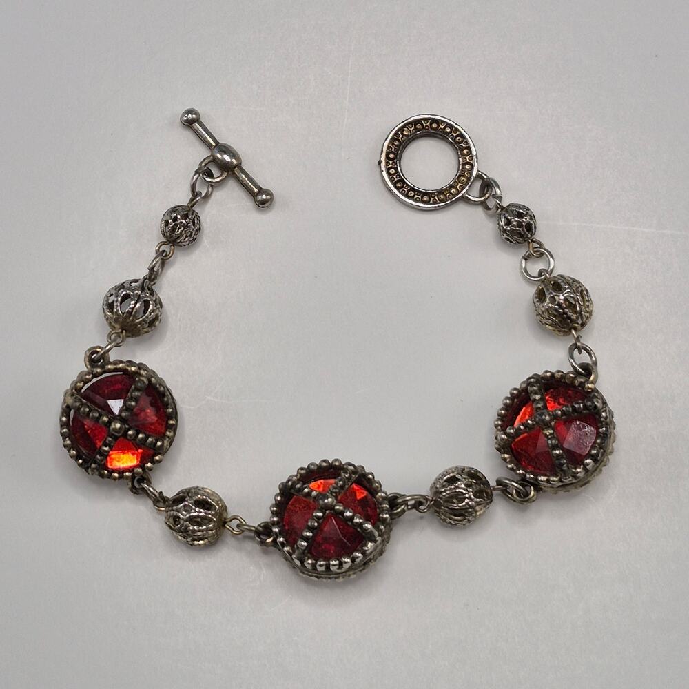 Vintage Medieval Victorian Style Bracelet Silver-tone and Red Stone Toggle Close - Picture 16 of 16